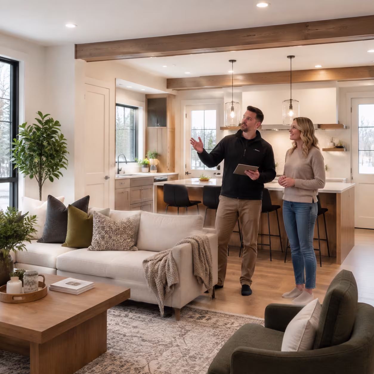 Renovation contractor reviewing an open-concept Calgary home with a homeowner